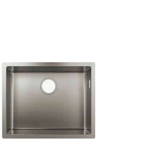 Edelstahlspüle von Hansgrohe mit rechteckiger Form und einem runden Abflussloch in der Mitte. Unterbaukonstruktion, passend für verschiedene Küchenstile.